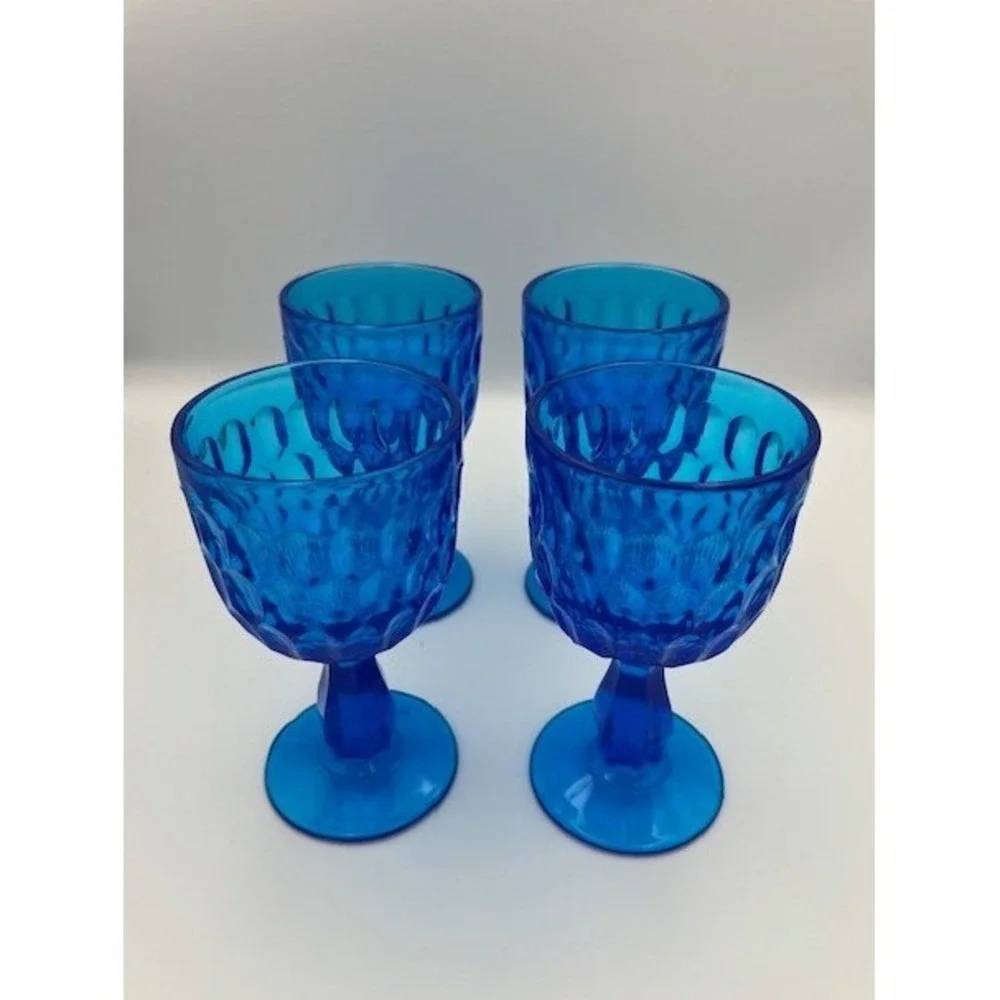 Fenton Vintage Cobalt Blue Thumbprint Water Wine Goblets Set of 4 Pedestal Glass